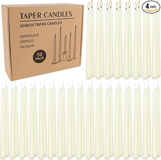 50 Pack Ivory Taper Candles 10 Inch - Classic Soft White Dinner Candles, Dripless Unscented Premium Wax with Cotton Wick, 8-Hour Burn Time for Wedding, Vintage & Formal Table Decor