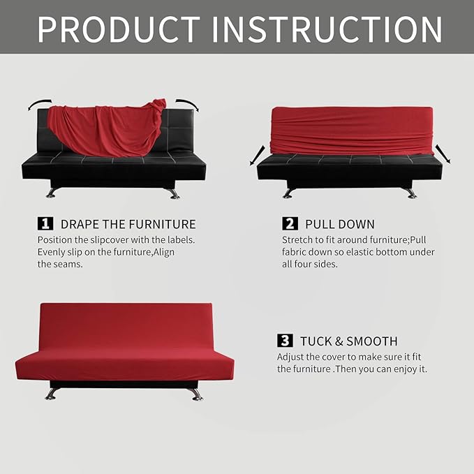 Easy-Going Stretch Futon Slipcover Armless Futon Bed Cover Furniture Protector Without Armrests with Elastic Bottom for Kids, Soft Jacquard Fabric Small Checks (Medium, Christmas Red)