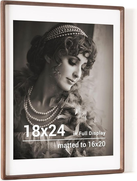 18 x 24 Poster Frame, USA-Sourced Walnut Wood Picture Frame with HD Tempered Glass, Handcrafted Rounded Corner 18x24 Wooden Frame Matted to 16x20 Photos, Horizontal or Vertical Wall Display
