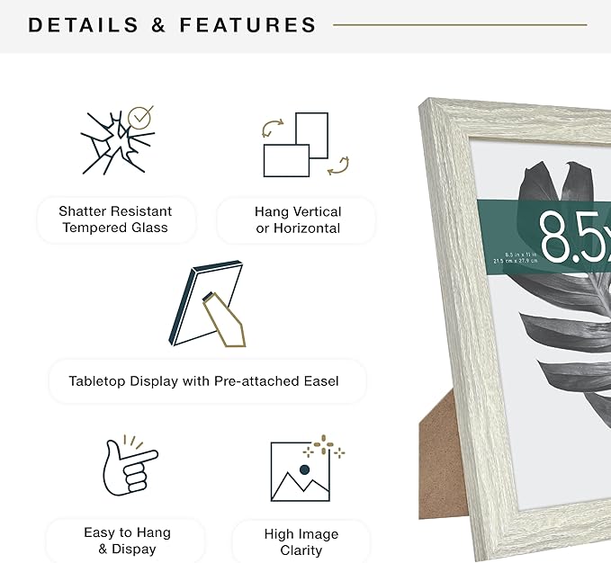 MCS Studio Gallery 8.5x11 Picture Frame Gray Woodgrain Engineered Wood, Rectangle Photo Frame for Photos, Posters & Art Prints & Easel for Tapletop Display (1-Pack)