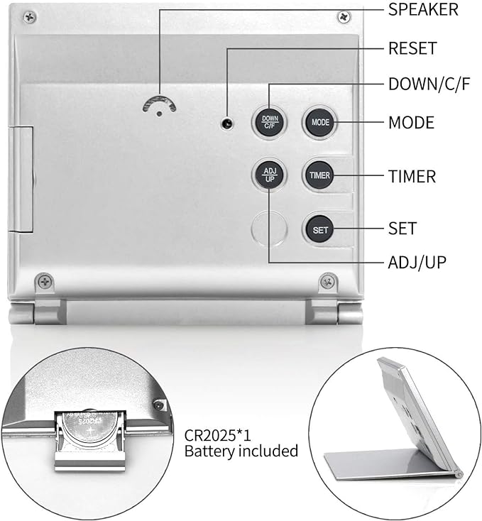 Betus Digital Travel Alarm Clock - Foldable Calendar Temperature Timer LCD Clock with Snooze Mode - Large Number Display, Battery Operated - Compact Desk Clock for All Ages (Silver Pack of 2)