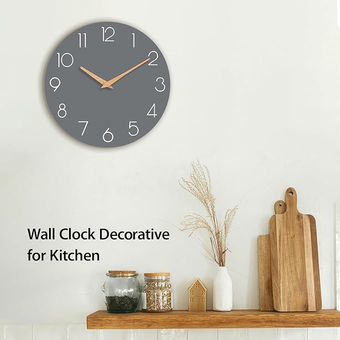 Wall Clock, 12 Inch Wooden Silent Non-Ticking, Decorative Battery Operated Wall Clocks for Bedroom, Kitchen, Home, Living Room, Office, School, Hotel (Gray)