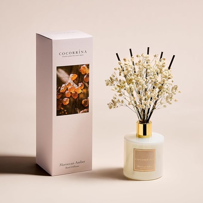 COCORR??NA Reed Diffuser - Moroccan Amber 6.7 Fl.oz Reed Diffuser Set with Sticks & Preserved Baby's Breath, Reed Diffuser for Home Bathroom Shelf Decor