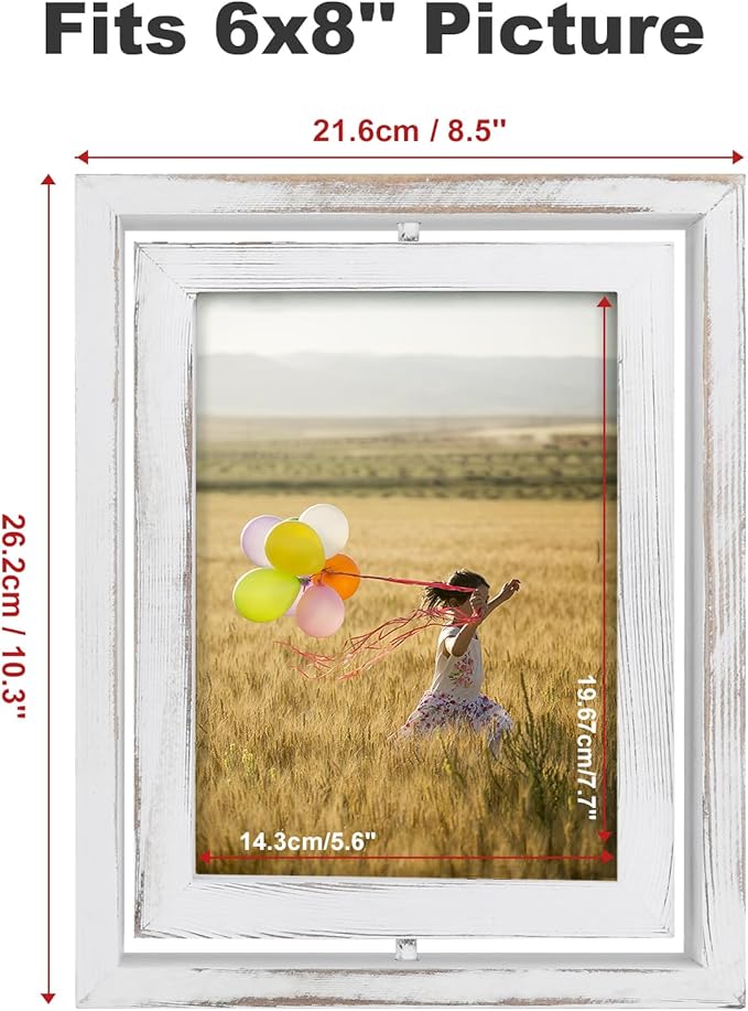 Egofine 2 Pack 6x8 Rotating Floating Picture Frames,Double-Sided Display with HD Glass Front Wooden Distressed Frame for Vertical or Horizontal Tabletop Display, White