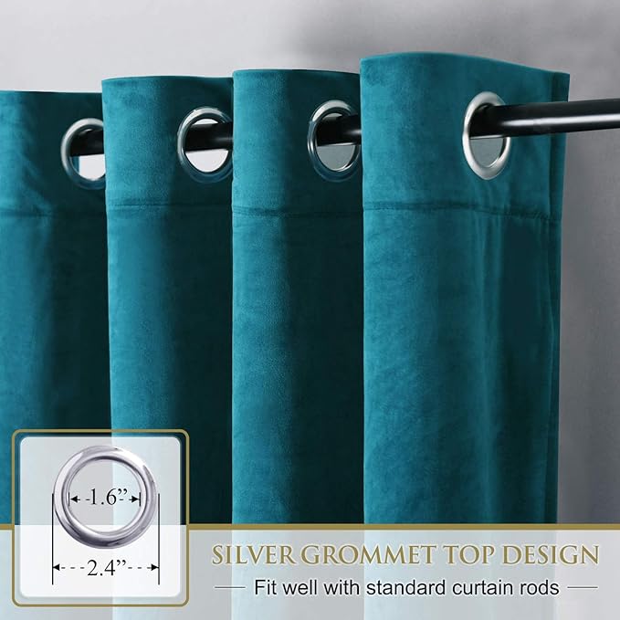 StangH Teal Curtains Velvet - Extra Long Thick Velvet Drapes Blackout Panels with Solid Grommet Design for Large Window Decor, Teal, W52 x L108 inches, 2 Panels