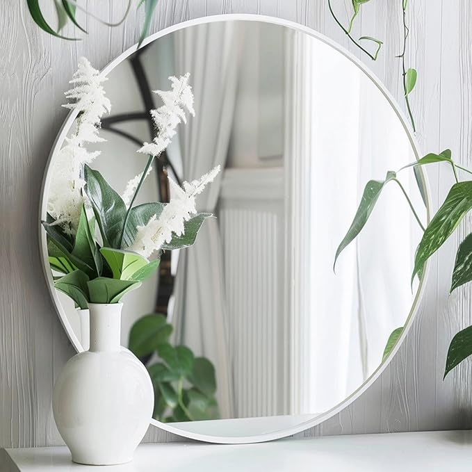 Sunniry White Circle Mirror, Round Mirror 20 inch, White Round Mirrors Matte Metal Frame, Circle Mirrors for Bathroom, Bedroom, Living Room, Hallway.