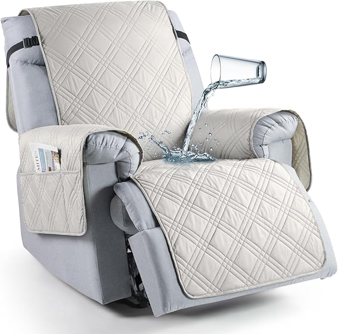 TAOCOCO 100% Waterproof Recliner Chair Covers, Non Slip Recliner Covers for Recliner Chair with Pocket, Washable Reclining Chair Cover Furniture Protector for Kids,Dogs(22'', Off White)