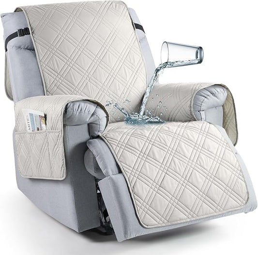 TAOCOCO 100% Waterproof Recliner Chair Covers, Non Slip Recliner Covers for Recliner Chair with Pocket, Washable Reclining Chair Cover Furniture Protector for Kids,Dogs(25'', Off White)