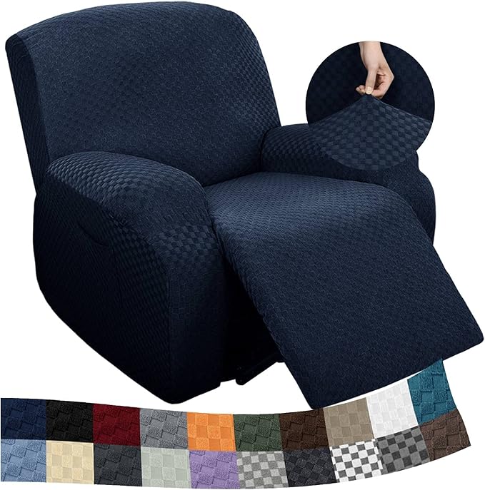 YEMYHOM 4 Pieces Stretch Recliner Slipcover Latest Jacquard Recliner Chair Cover with Side Pocket Anti-Slip Fitted Recliner Cover Couch Furniture Protector with Elastic Bottom (Recliner, Navy)