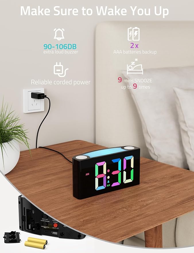 Mesqool Digital Alarm Clock for Bedrooms - Plug-in LED Clock with Dynamic RGB Digits, Dimmable Display & Night Light, 7 Color Options, Adjustable Alarm Volume, DST, 12/24 Hour - Ideal for Kids - Image 4