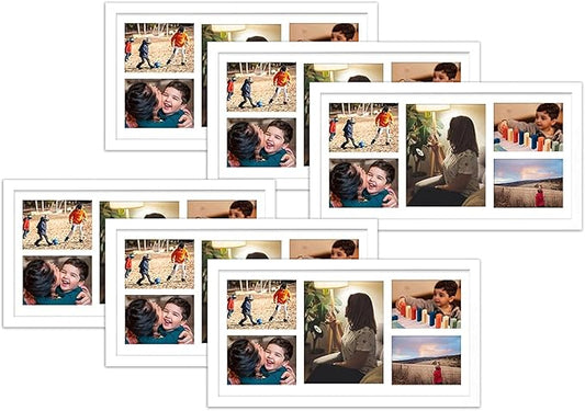 Golden State Art, Set of 6, 12x24 White Wood Picture Frame - White Mat for 8x10 And 5x7 Photos - Tempered Glass, Sawtooth Hanger, Swivel Tabs - Wall Mounting - Great for Gift