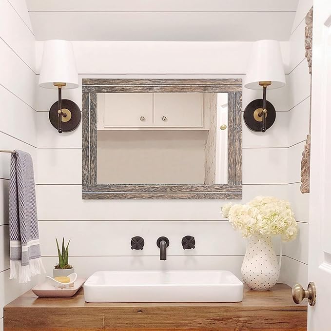 AAZZKANG Large Mirror with Wood Framed 28"x20" Rectangle Rustic Wall Mirror Decor for Bedroom Bathroom Living Room Entryway