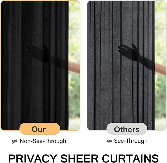 MIULEE Non-See-Through French Door Curtains for Doorway, Privacy Semi Sheer Curtains for French Doors, Light Filtering Rod Pocket Window Drapes with Tie Back, Black, 54 x 72 inches, 2 Panels