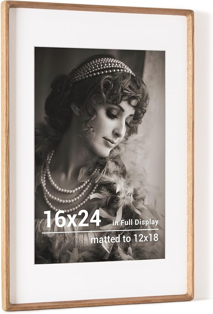 16x24 Poster Frame, USA-Sourced Oak Wood Picture Frame with HD Tempered Glass, Handcrafted Rounded Corner 16 x 24 Wooden Frames Matted to 12x18 Photos, Horizontal or Vertical Wall Display