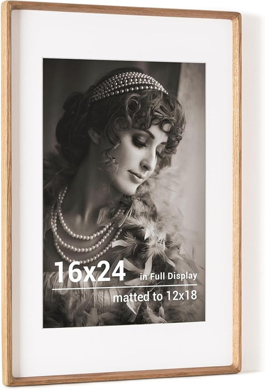 16x24 Poster Frame, USA-Sourced Oak Wood Picture Frame with HD Tempered Glass, Handcrafted Rounded Corner 16 x 24 Wooden Frames Matted to 12x18 Photos, Horizontal or Vertical Wall Display