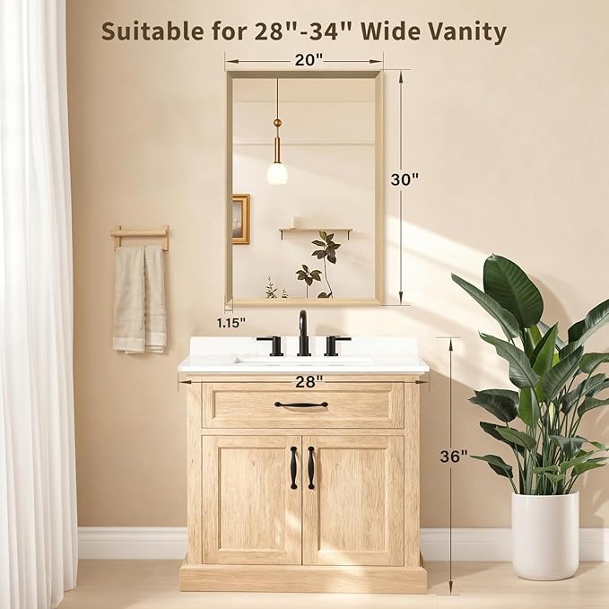 Oak Wood Effect Framed Wall Mirror, 20x30 Rectangle Mirror, Anti-desilvering Tempered Glass, Sustainable& Sturdy Frame, Farmhouse Mirror, Anti-Rust, 3min Fast Setup for Bathroom Living Room