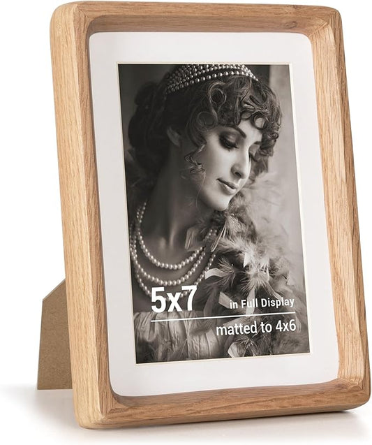 Fun Memories 5x7 Picture Frame, USA-Sourced Oak Wood Photo Frames with HD Tempered Glass, Handcrafted Rounded Corner 5 x 7 Wooden Frames Matted to 4x6 Photos, 5x7 Frame, Tabletop or Wall Display