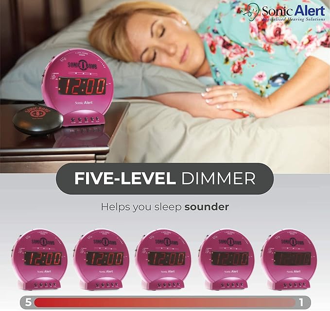 Sonic Alert Sonic Bomb Dual Alarm Clock with Bed Shaker, Pink Vibrating Alarm Clock for Heavy Sleepers, Battery Backup | Wake with a Shake - Image 3