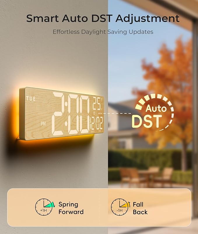 16.5" Large Digital Wall Clock with BT Sync, Wood Grain Clock with 11 RGB Light Scenes, Remote Control, Dual Alarms with Big LED Display, Auto DST, Temperature for Classroom Gaming