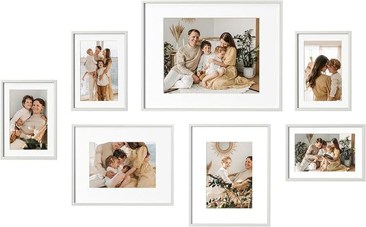 eletecpro Aluminum Gallery Wall Frame Set of 7, Including 1Pc 11x14, 2Pcs 8x10, 4Pcs 5x7 Photo Frames for Wall or Tabletop Display, Multiple Sizes Picture Frames Collage Wall Decor, Silver