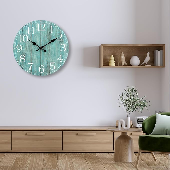 HYLANDA Wall Clock, 16 Inch Teal Silent Non-Ticking Kitchen Decor, Rustic Vintage Country Retro Decorative Clocks Battery Operated for Bathroom Bedroom Living Room Office(Aqua)