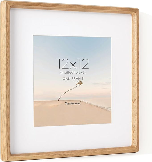 Fun Memories 12x12 Frame, USA-Sourced Oak Wood Photo Frames with HD Tempered Glass, Handcrafted Rounded Corner Square Wooden Frames Matted to 8x8 Photos, 12x12 Picture Frame, Tabletop or Wall Display