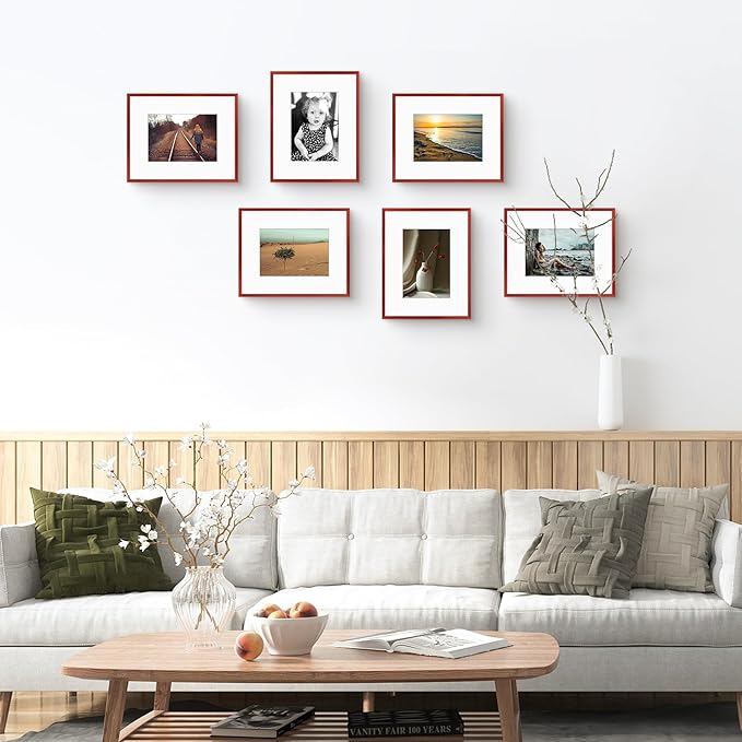 Golden State Art 8x10 Picture Frame 6 Pack - Dark Red Aluminum Photo Frames With 5x7 Mats and Real Glass Cover - Elegant Minimalist Wall Gallery Frames for Home or Office Decor