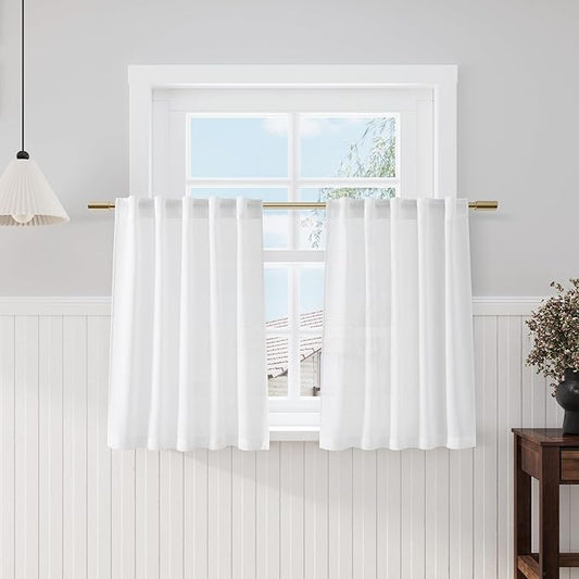 Nanspring White Kitchen Curtains 36 Inch Length 2 Panels Set Linen Blend Back Tab Privacy Light Filtering Cafe Curtain Modern Neutral Short Tier Curtains for Small Window Bathroom RV Camper 36x36