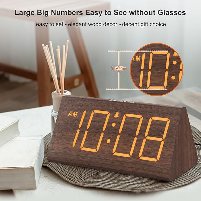 DreamSky Wooden Digital Alarm Clocks for Bedrooms - Electric Desk Clock with Large Numbers, USB Port, Loud Alarm for Heavy Sleepers, Adjustable Volume, Dimmer, Snooze, DST, Wood D??cor, Adapter Powered