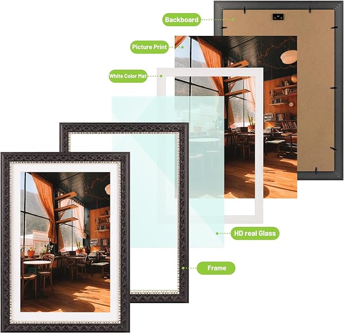 Golden State Art, 13X19 Ornate Finish Photo Frame with White Mat for 11X17 Picture & Real Glass, Color: Black with Silver & Burgundy