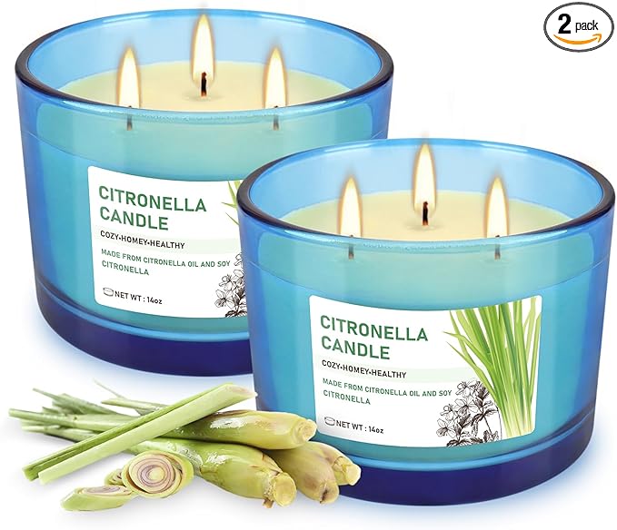 2x14oz Large 3-Wick Outdoor Indoor Citronella Candles, Long Lasting to 30 Hours, Scented Natural Soy Candle