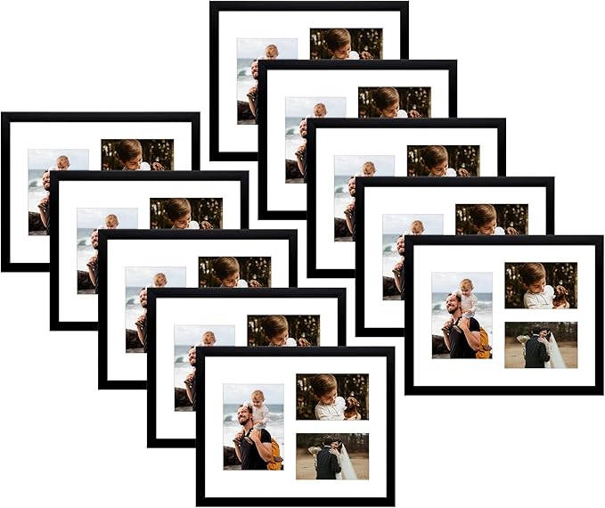 Golden State Art, Set of 10, 11x14 Black Wood Picture Frame - White Mat for 5x7 And 4x6 Photos - Tempered Glass, Sawtooth Hanger, Swivel Tabs - Wall Mounting - Great for Gift