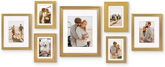 Americanflat Set of 7 Vintage Gold Frames with Polished Clear Glass - Gallery Wall Frame Set with One 11x14 Frame, Two 8x10 Frames, and Four 5x7 Frames - Antique Frames for Tabletop or Wall Display