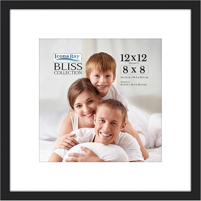 Icona Bay - 12x12 Black Picture Frame with Removable Mat to 8x8 Photo - Modern Style Engineered Wood Poster Frame - Wall Mount Only - Bliss Collection