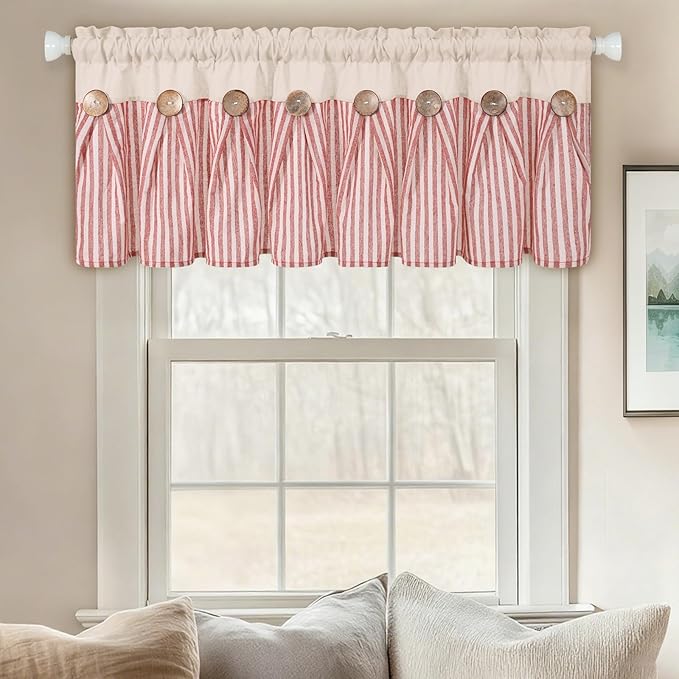 ASPMIZ Farmhouse Cotton Linen Valances for Windows, Boho Kitchen Curtains Valances with Rustic Button, Orange Stripe Window Treatments Curtain Valance for Bathroom Cafe, 52 x 18 Inch, 1 Pannel