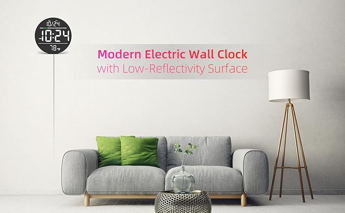 Digital Wall Clock with Large LED Display, Date, Temperature, Auto-Brightness | Small [PLUG-IN] Clock | Modern Electric Wall Clock for Bedroom, Classroom, Living Room, Home, Office, Farmhouse – White
