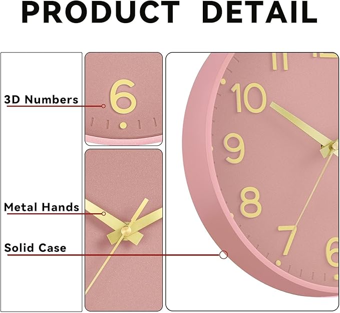 Wall Clock 12 Inch Silent Wall Clocks Battery Operated-Modern Non Ticking Analog Clock Decorative for Kitchen Bedroom Office (Pink Gold)