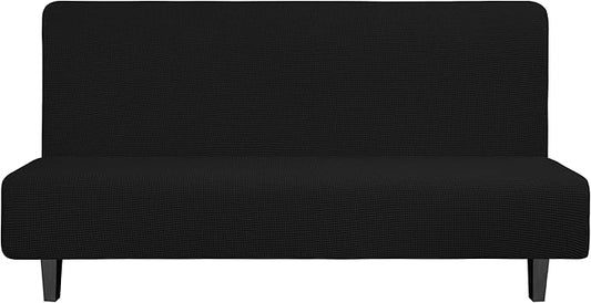 Easy-Going Stretch Futon Slipcover Armless Futon Bed Cover Furniture Protector Without Armrests with Elastic Bottom for Kids, Soft Jacquard Fabric Small Checks (Large, Black)