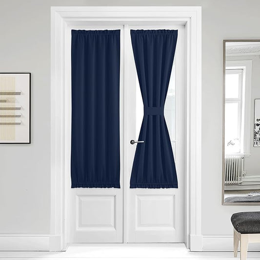 NICETOWN Blackout Door Curtain for Window - French Curtain Thermal Insulated Rod Pocket Window Treatments Patio Drapes for Side French Door Including Bonus Tieback, 36 x 64 inches, Navy, 1 Panel