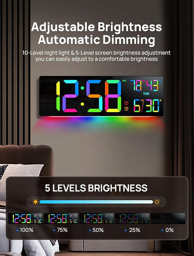 18.5" Large Digital Wall Clock with Remote Control, Big LED Display Digital Clocks with Night Light, Alarm, Countdown, DST, Temp, Date for Parlor, Bedroom, Office, Gifts for Seniors(Black)