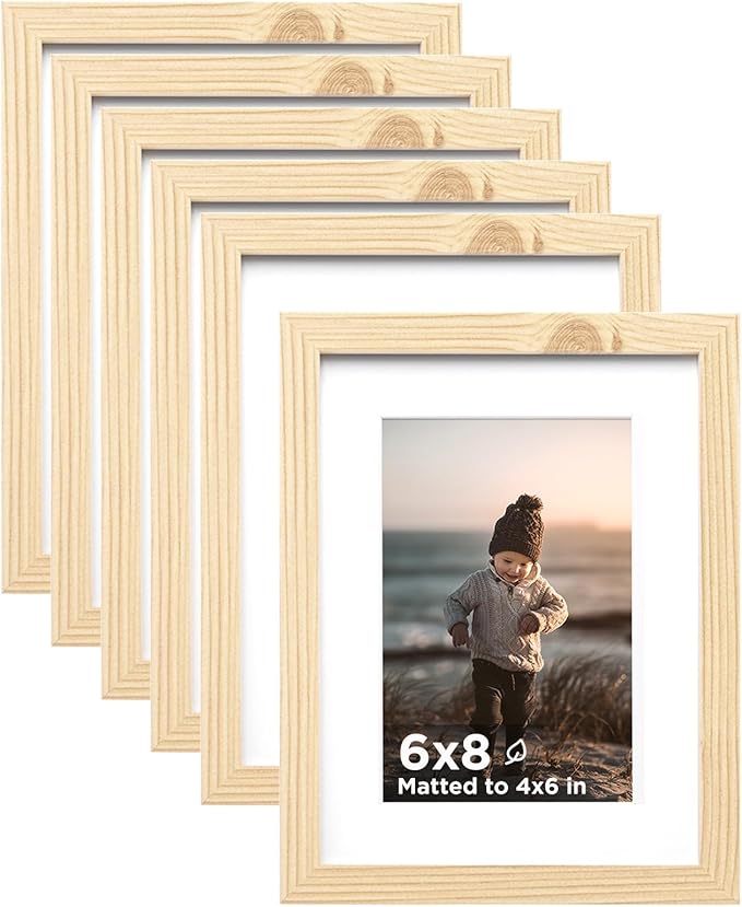 KINLINK 6x8 Picture Frame Wood Grain Set of 6, Wooden Photo Frame Matted 4x6 with Plexiglass for 4x6 with Mat or 6x8 without Mat for Table and Wall Display
