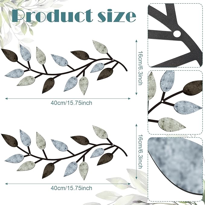 Zhengmy 2 Pieces Metal Tree Leaf Wall Decor Vine Olive Branch Leaf Wall Art Living Room, Hallway Wall Decor Outdoor Decoration(Pastel Colors)