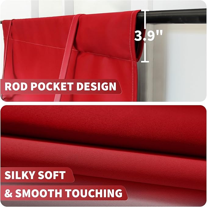 COSVIYA 100% Blackout Red and Black Adjustable Tie Up Curtains for Kitchen Thermal Insulated Room Darkening Valance Rod Pocket Balloon Roman Shade for Small Window,48" L x 34" W, 1 Panel