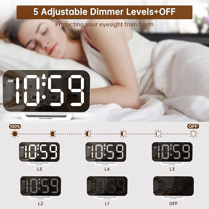 Peakeep Slim Digital Mirror Aesthetic Alarm Clock for Bedrooms Desk Decor, Plug in Electric Big LED Modern Small Clock for Office Living Room, Battery Backup, 6 Dimmers (White)