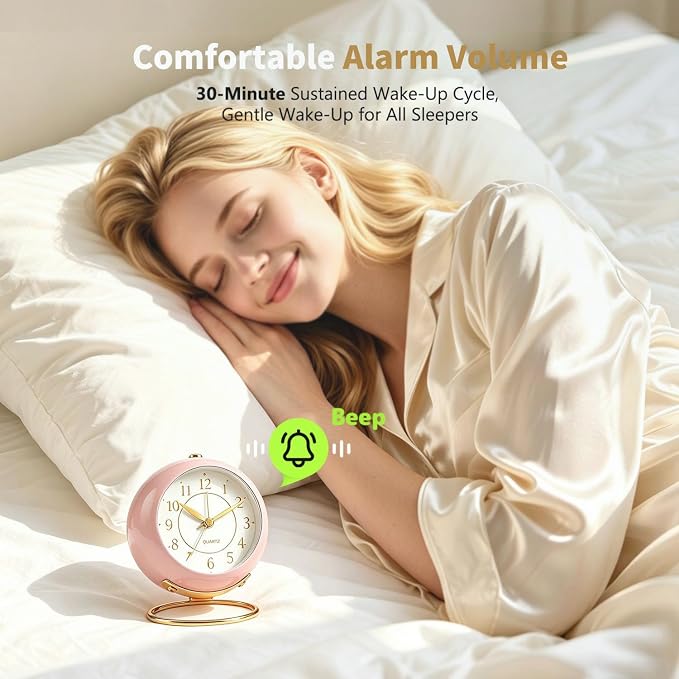 Analog Alarm Clock, Small Retro Desk Clock with Night Light, Backlight Cute Simple Design, Silent Non-Ticking, Battery Powered, for Bedroom,Travel,Kitchen,Bedside Desktop Decor - Image 3