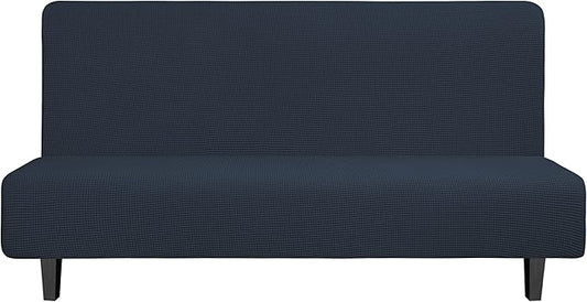 Easy-Going Stretch Futon Slipcover Armless Futon Bed Cover Furniture Protector Without Armrests with Elastic Bottom for Kids, Soft Jacquard Fabric Small Checks (Large, Dark Blue)