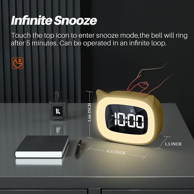 Cute Cat Ear Alarm Clock with Night Light for Bedroom,Yellow - Image 6