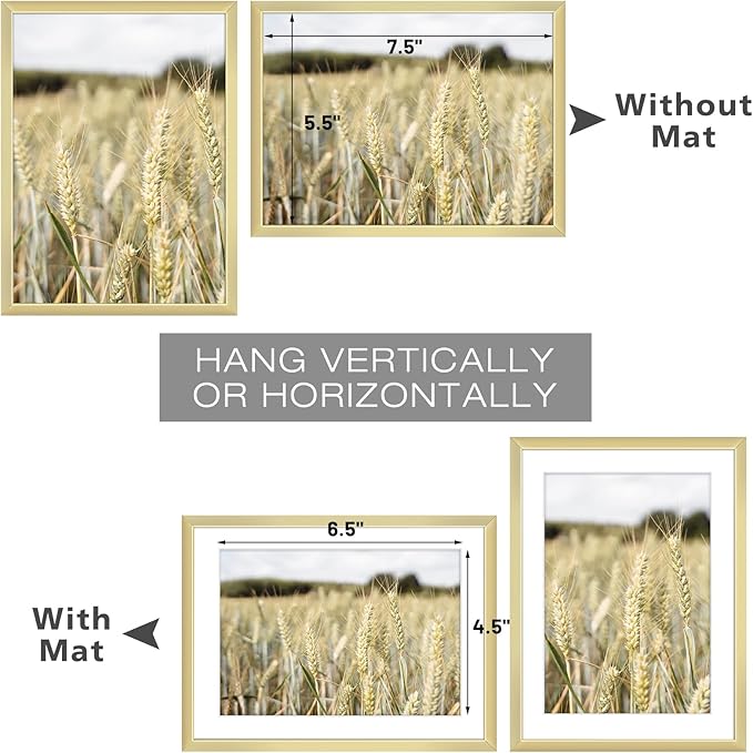Golden State Art, Gallery Wall Frame Set of 6 - Gold 6x8 Aluminum Photo Frames with Mat for 5x7 Pictures - 6 x 8 inch Metal Frame with Real Glass Cover - Elegant Home or Office Decor