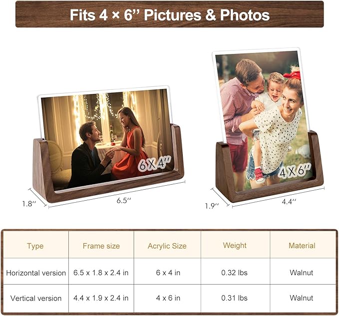 Mixoo 4x6 Picture Frame 2 Pack - Rustic Wooden Picture Frames with Walnut Wood Base and High Definition Break Free Acrylic Photo Covers for Tabletop or Desktop Display (Horizontal + Vertical)