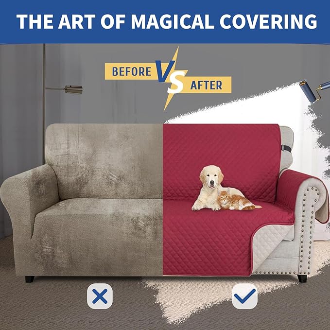 XINEAGE Quilted Chair Sofa Cover Waterproof Chair Covers for Armchair, Super Soft Washable Slipcover with Pockets & Non-Slip Elastic Straps, Thick Furniture Protector (Red)